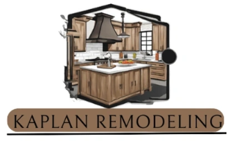 Logo of Kaplan Remodeling featuring a modern kitchen design with wooden cabinetry and a central island, emphasizing quality and innovation in remodeling services.